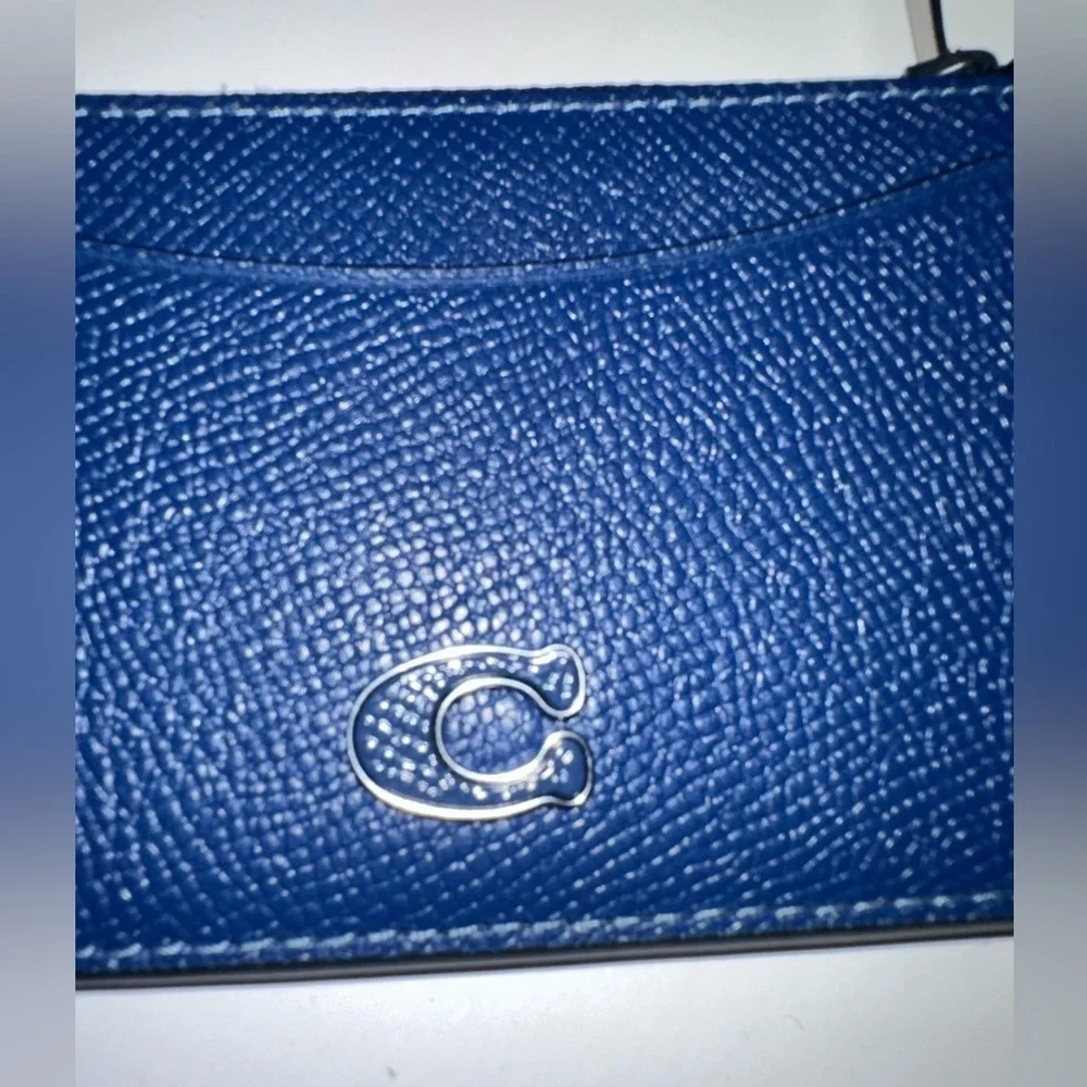 Coach Pebbled Leather Zip Card Case Wallet | Blue | Key Ring